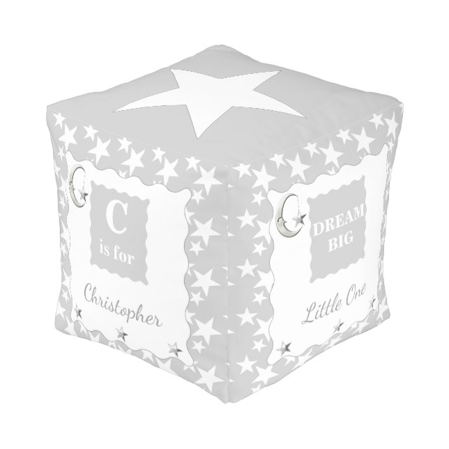 Gray and white with stars and name pouf (Angled Front)