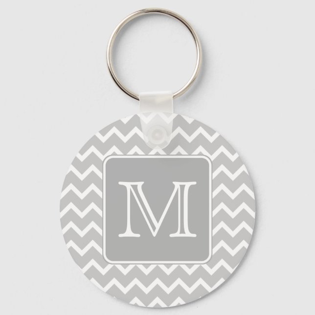 Gray and White Zigzags with Custom Monogram. Keychain (Front)