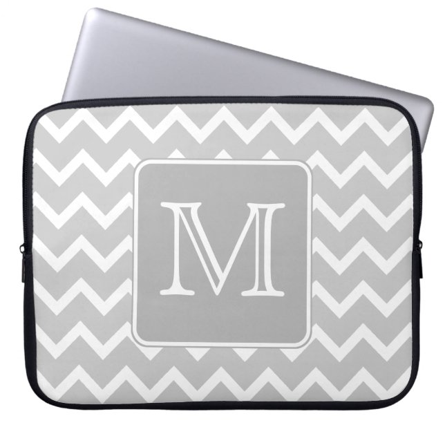 Gray and White Zigzags with Custom Monogram. Laptop Sleeve (Front)