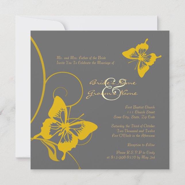 Gray and Yellow Butterfly Wedding Invitation (Front)