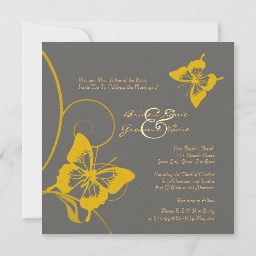 Gray and Yellow Butterfly Wedding Invitation