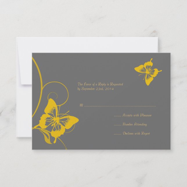 Gray and Yellow Butterfly Wedding RSVP Card (Front)