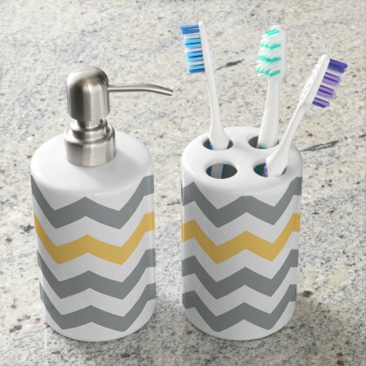 Gray and Yellow Chevron Bath Accessory Set (Front)