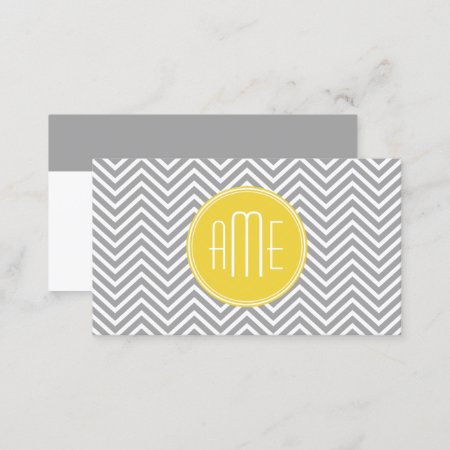 Gray And Yellow Chevrons Custom Monogram Business Card