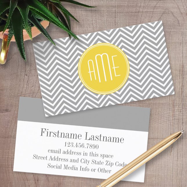 Gray and Yellow Chevrons Custom Monogram Business Card (Custom Printed Business Cards)