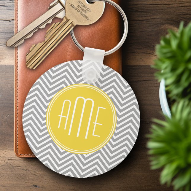 Gray and Yellow Chevrons Custom Monogram Keychain (Personalized Keychain - Add Name or Monogram)