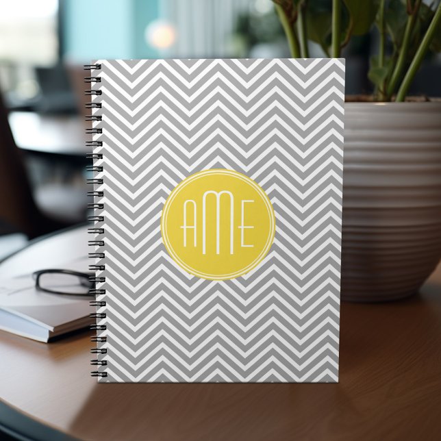 Gray and Yellow Chevrons Custom Monogram Notebook (Personalized notebook - add monogram and custom text)