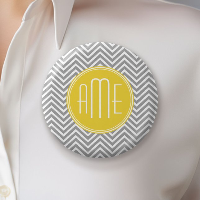 Gray and Yellow Chevrons Custom Monogram Pinback Button (Custom Button)