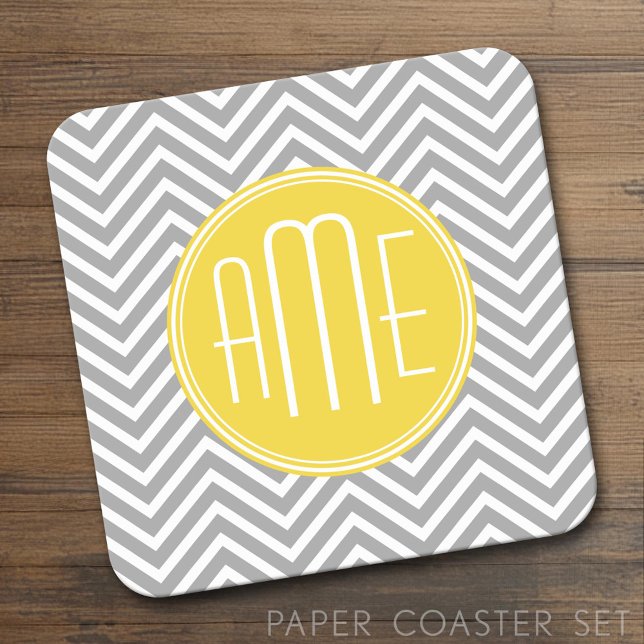 Gray and Yellow Chevrons Custom Monogram Square Paper Coaster (Custom Coaster Set)