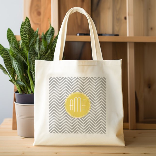 Gray and Yellow Chevrons Custom Monogram Tote Bag (Personalized tote bag with photos and custom text)