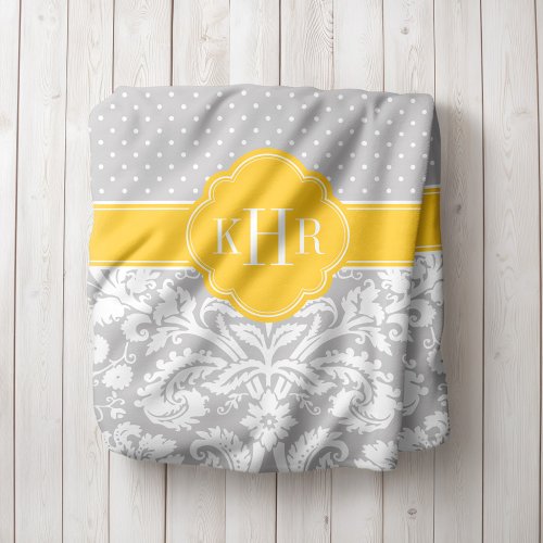 Gray and Yellow Damask Polka Dots Monogram Fleece Blanket
