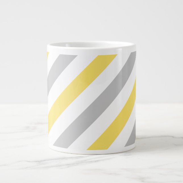 Gray and Yellow Diagonal Stripes Pattern Large Coffee Mug (Front)