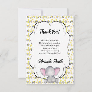 Gray and Yellow Elephant and Giraffe Baby Shower T Thank You Card