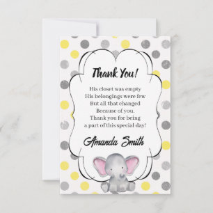 Gray and Yellow Elephant Polka Dot Baby Shower  Thank You Card