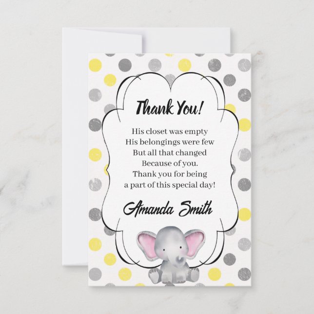 Gray and Yellow Elephant Polka Dot Baby Shower  Thank You Card (Front)