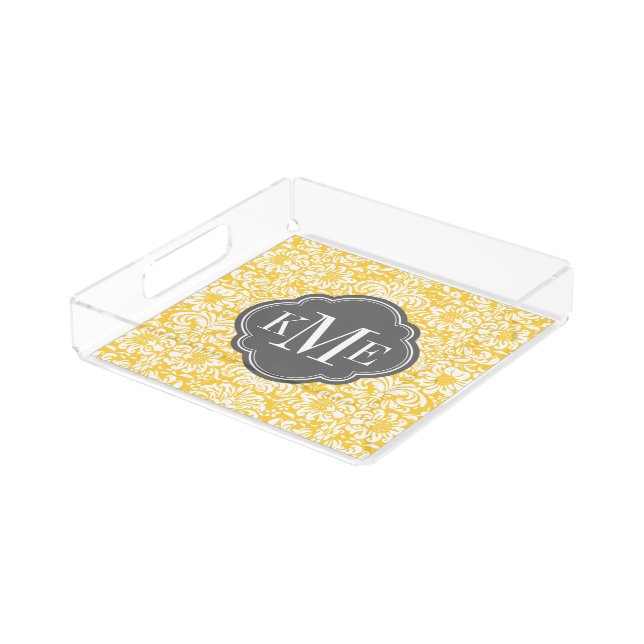 Gray and Yellow Floral Damask Monogram Acrylic Tray (Angled)