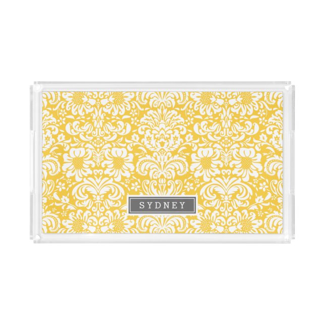 Gray and Yellow Floral Damask Monogram Acrylic Tray (Front)