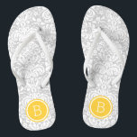 Gray and Yellow Floral Damask Monogram Flip Flops<br><div class="desc">Custom printed flip flop sandals with a stylish elegant floral damask pattern and your custom monogram or other text in a circle frame. Click Customize It to change text fonts and colors or add your own images to create a unique one of a kind design!</div>