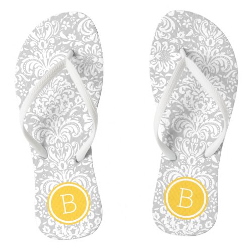 Gray and Yellow Floral Damask Monogram Flip Flops