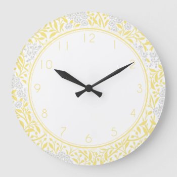 Gray And Yellow Floral Damask Pattern Large Clock by heartlockedhome at Zazzle