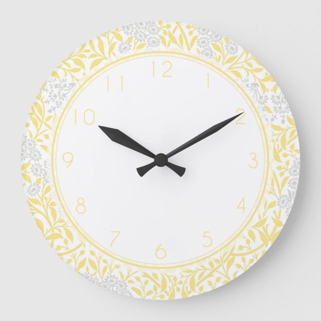Gray and Yellow Floral Damask Pattern Large Clock (Front)