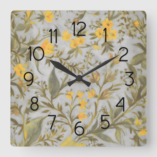 Gray and Yellow Floral Pattern Square Wall Clock (Front)