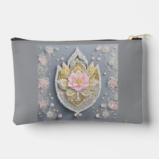 Gray and yellow floral patterns accessory pouch (Back)