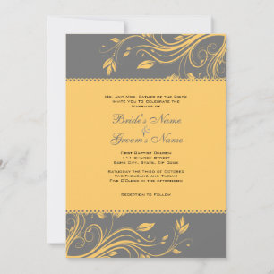 Gray and Yellow Floral Swirls Wedding Invitation