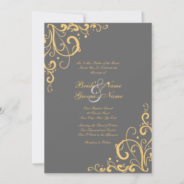 Gray and Yellow Flourish Wedding Invitation (Front)