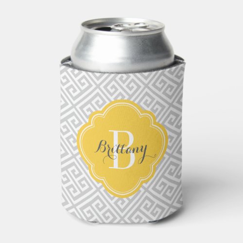Gray and Yellow Greek Key Monogram Can Cooler