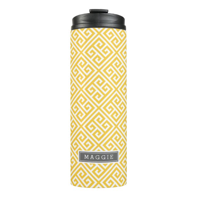 Gray and Yellow Greek Key Monogram Thermal Tumbler (Front)