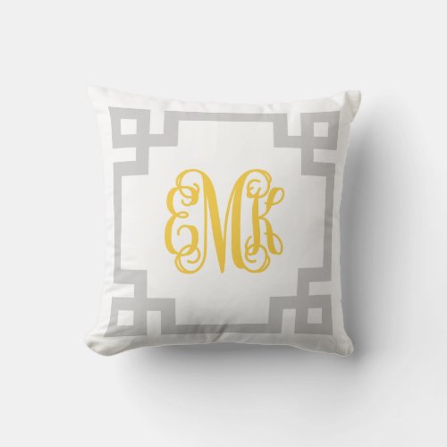 Gray and Yellow Greek Key Script Monogram Throw Pillow