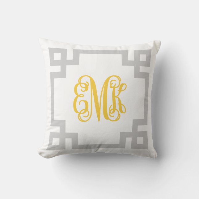 Gray and Yellow Greek Key Script Monogram Throw Pillow (Front)