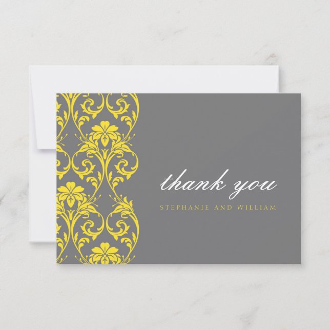 Gray and Yellow Lace Wedding Thank You Card (Front)