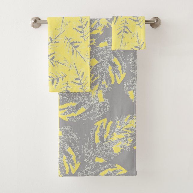 Gray and yellow leaves on a striped background. bath towel set (Insitu)