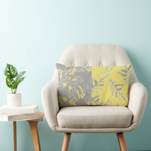 Gray and yellow leaves on a striped background. lumbar pillow