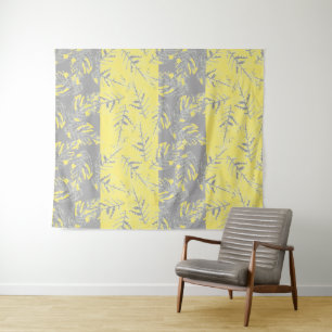 Gray and yellow leaves on a striped background. tapestry
