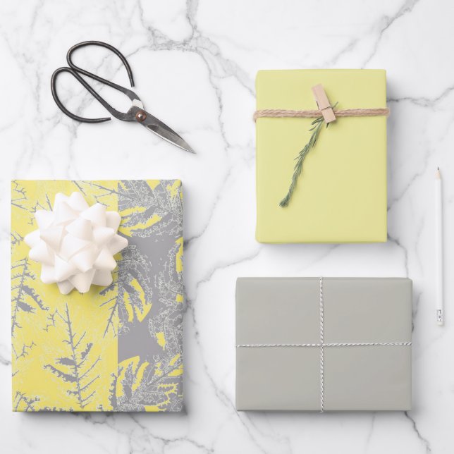 Gray and yellow leaves on a striped background. wrapping paper sheets (Front)