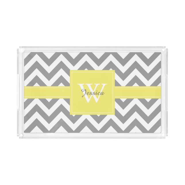 Gray and Yellow Monogrammed Chevrons Pattern Acrylic Tray (Front)