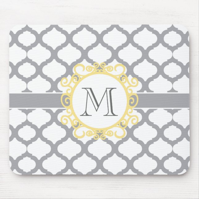 Gray and Yellow Moroccan Pattern with Monogram Mouse Pad (Front)