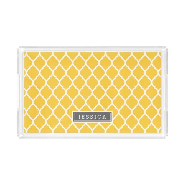 Gray and Yellow Moroccan Quatrefoil Monogram Acrylic Tray (Front)