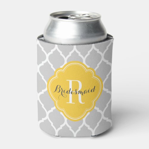 Gray and Yellow Moroccan Quatrefoil Monogram Can Cooler