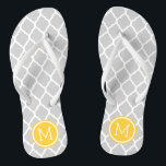 Gray and Yellow Moroccan Quatrefoil Monogram Flip Flops<br><div class="desc">Custom printed flip flop sandals with a stylish Moroccan quatrefoil pattern and your custom monogram or other text in a circle frame. Click Customize It to change text fonts and colors or add your own images to create a unique one of a kind design!</div>
