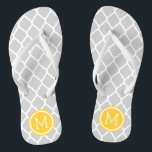 Gray and Yellow Moroccan Quatrefoil Monogram Flip Flops<br><div class="desc">Custom printed flip flop sandals with a stylish Moroccan quatrefoil pattern and your custom monogram or other text in a circle frame. Click Customize It to change text fonts and colors or add your own images to create a unique one of a kind design!</div>