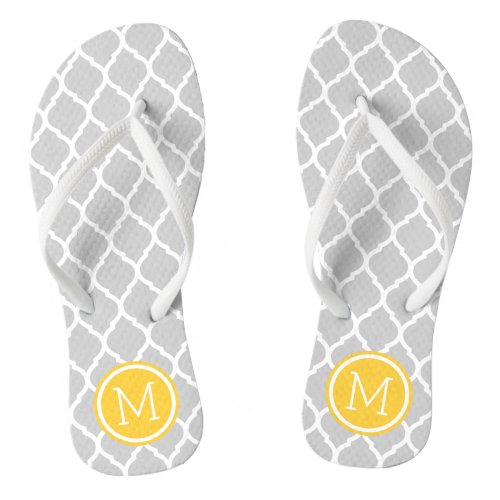 Gray and Yellow Moroccan Quatrefoil Monogram Flip Flops