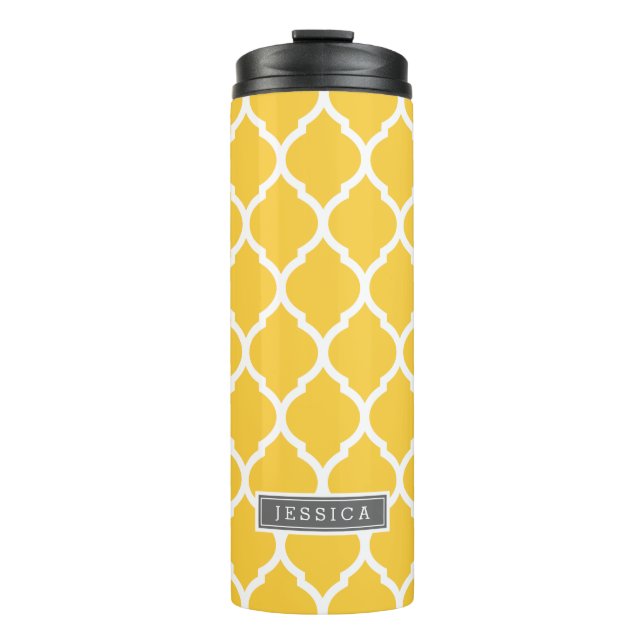 Gray and Yellow Moroccan Quatrefoil Monogram Thermal Tumbler (Front)