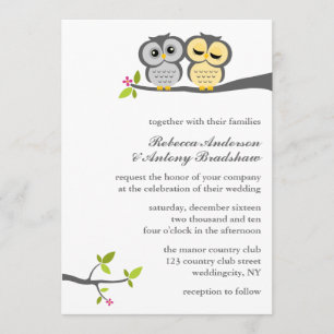 Gray and Yellow Owls Wedding Invitation