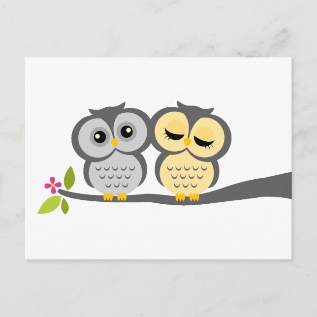 Gray and Yellow Owls Wedding Invitation Postcard (Front)