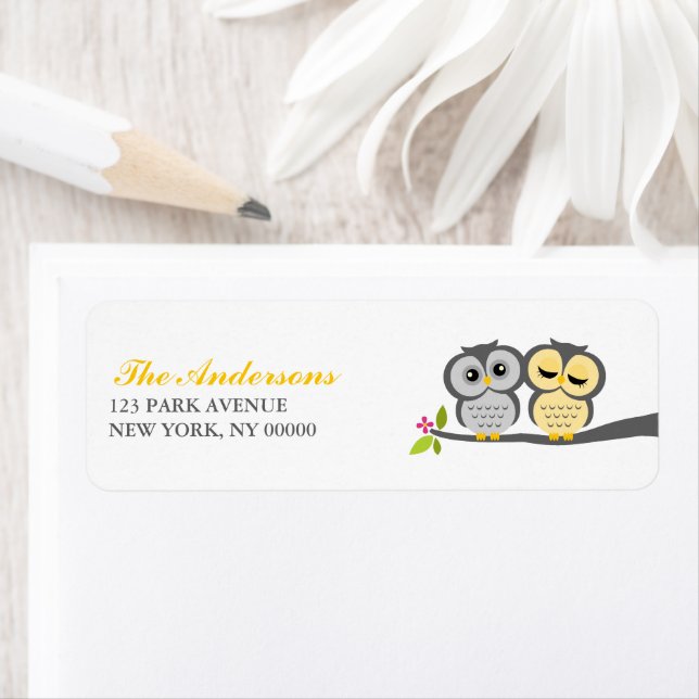 Gray and Yellow Owls Wedding Label (Insitu)