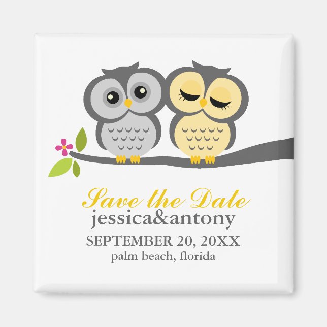 Gray and Yellow Owls Wedding Magnet (Front)
